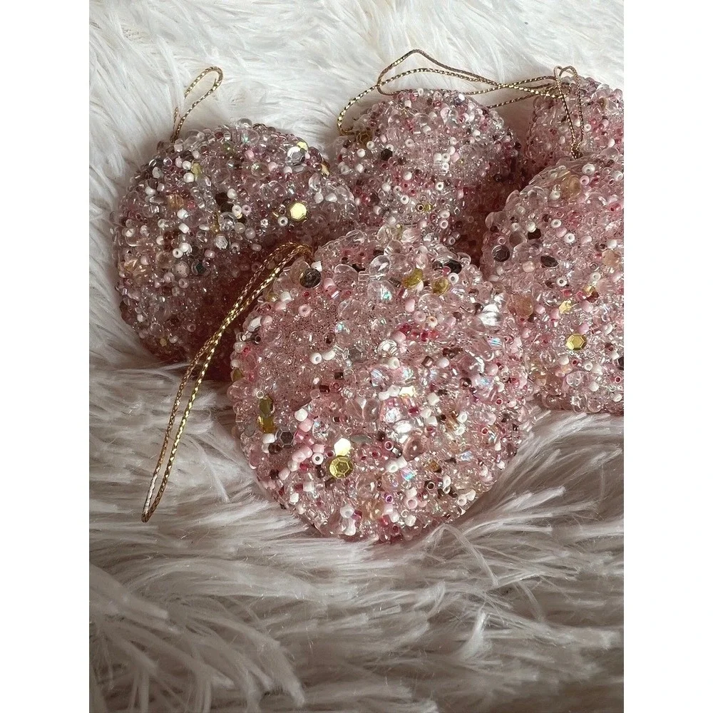 Pink Sparkly Beaded Christmas Tree Ornaments Set of 5 Gold Shimmering Baubles